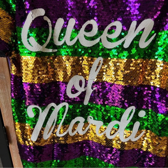 Queen of Mardi Gras sequin tshirt dress short sleeve gold purple green Louisiana - Picture 2 of 7